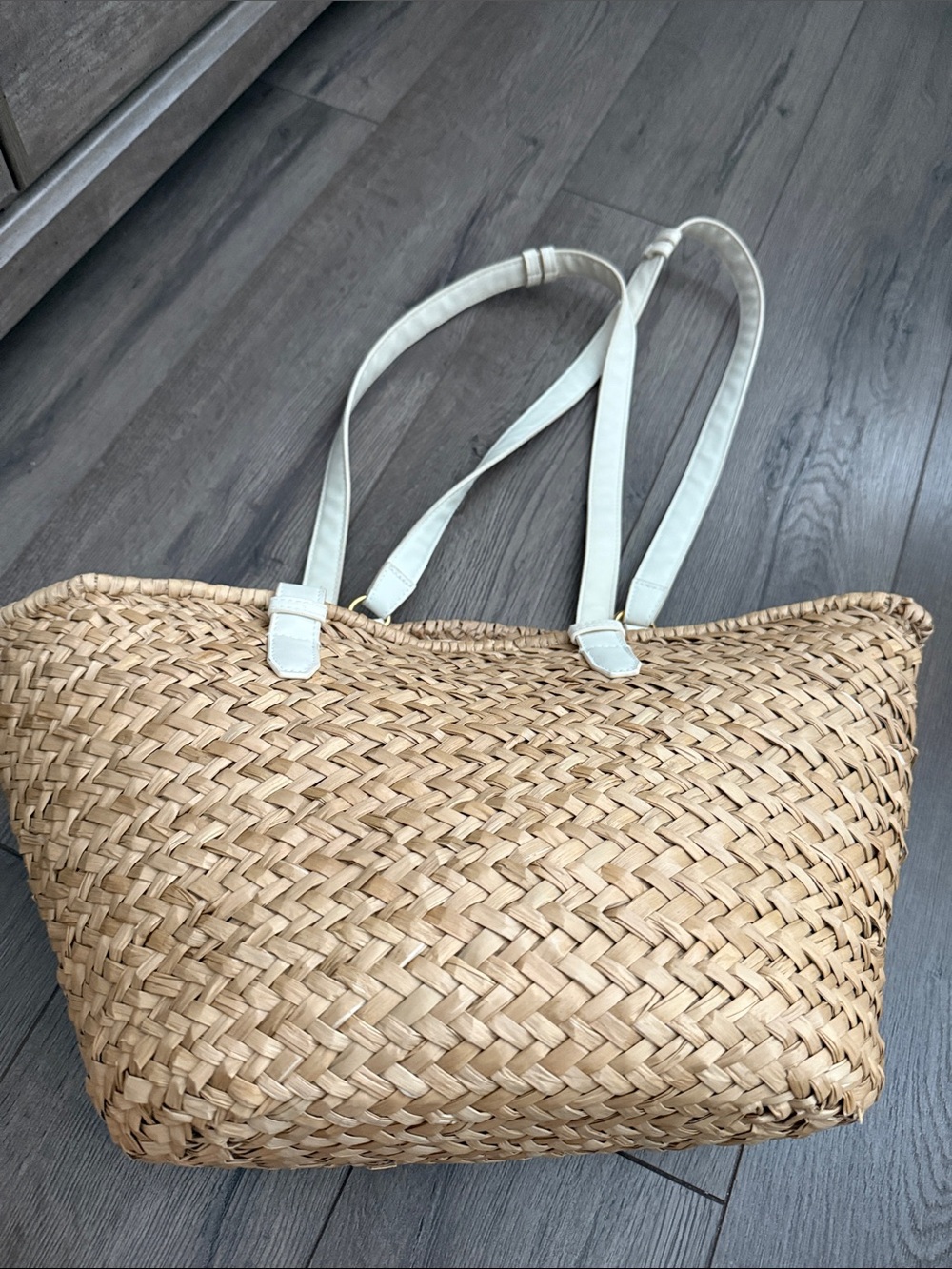 Woven Straw Tote Bag with White Shoulder Straps